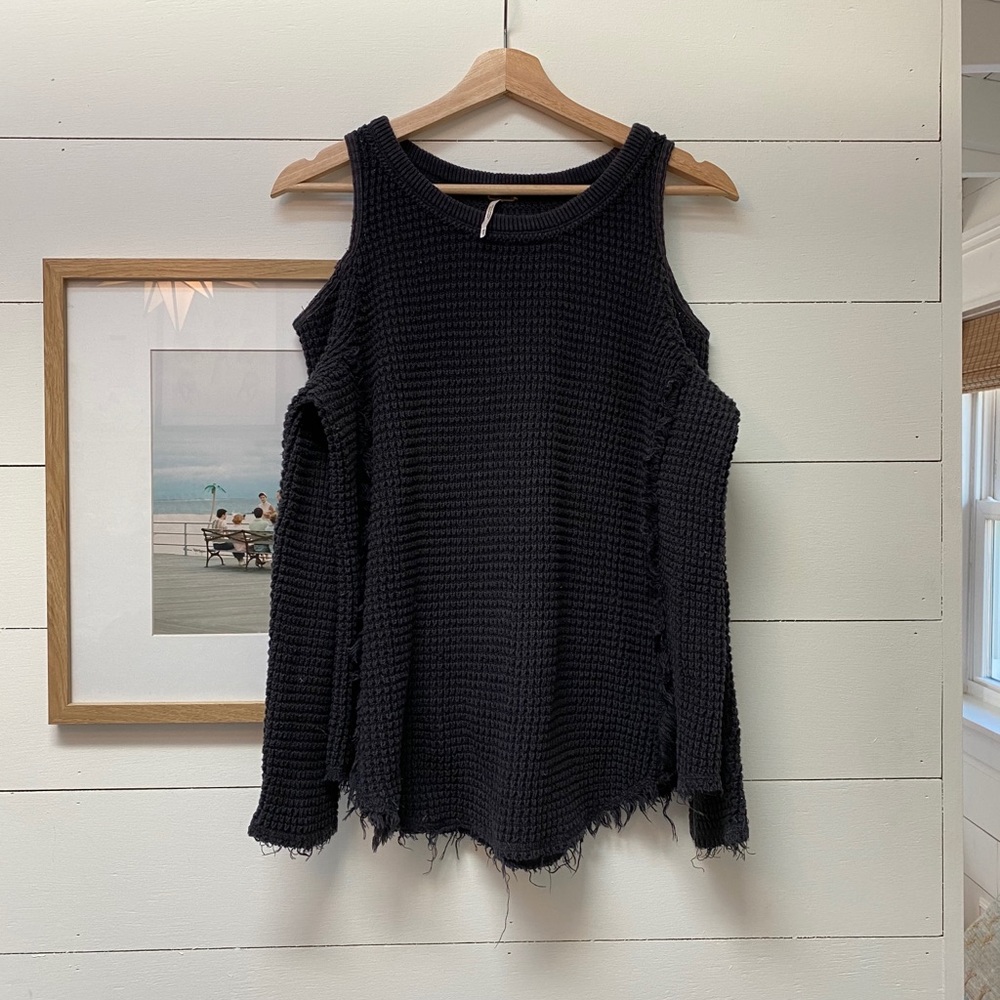 FP Open Shoulder Waffle Thermal Top Black XS